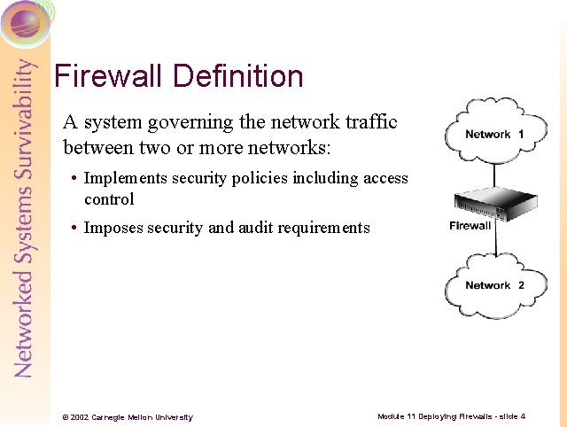 Firewall Definition A system governing the network traffic between two or more networks: •