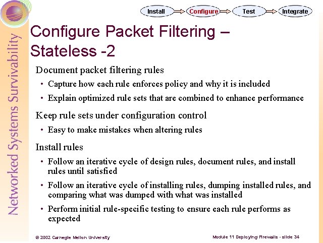 Install Configure Test Integrate Configure Packet Filtering – Stateless -2 Document packet filtering rules