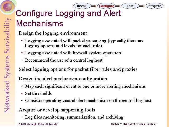 Install Configure Test Integrate Configure Logging and Alert Mechanisms Design the logging environment •