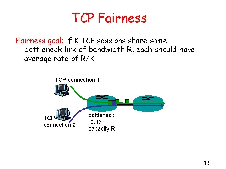 TCP Fairness goal: if K TCP sessions share same bottleneck link of bandwidth R,