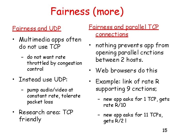 Fairness (more) Fairness and UDP • Multimedia apps often do not use TCP –