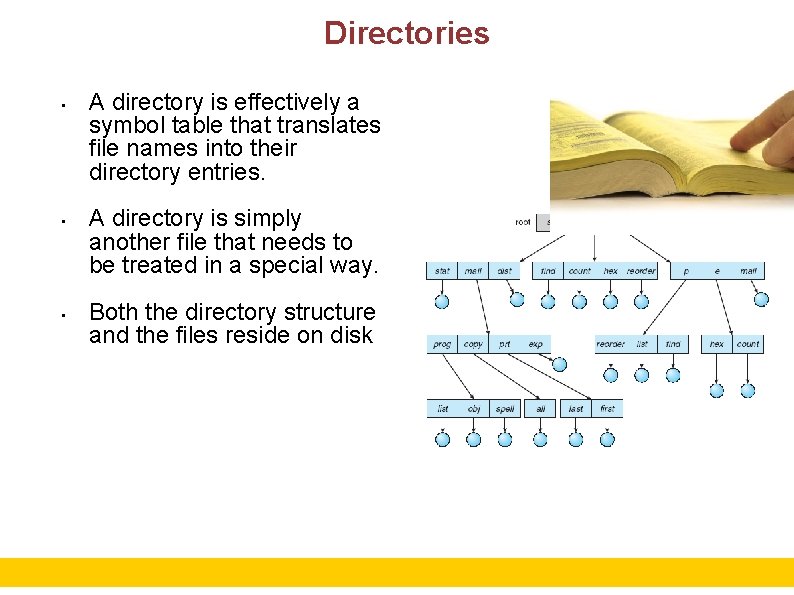 Directories • • • A directory is effectively a symbol table that translates file