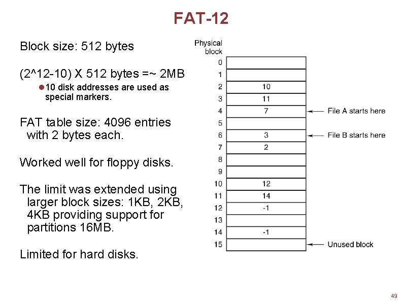 FAT-12 Block size: 512 bytes (2^12 -10) X 512 bytes =~ 2 MB 10