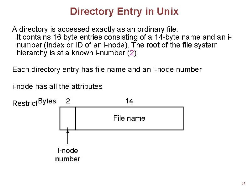 Directory Entry in Unix A directory is accessed exactly as an ordinary file. It