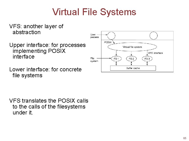 Virtual File Systems VFS: another layer of abstraction Upper interface: for processes implementing POSIX