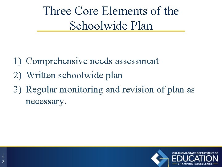 Three Core Elements of the Schoolwide Plan 1) Comprehensive needs assessment 2) Written schoolwide
