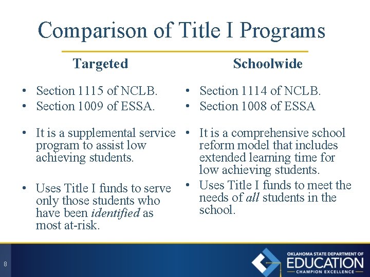 Comparison of Title I Programs Targeted • Section 1115 of NCLB. • Section 1009