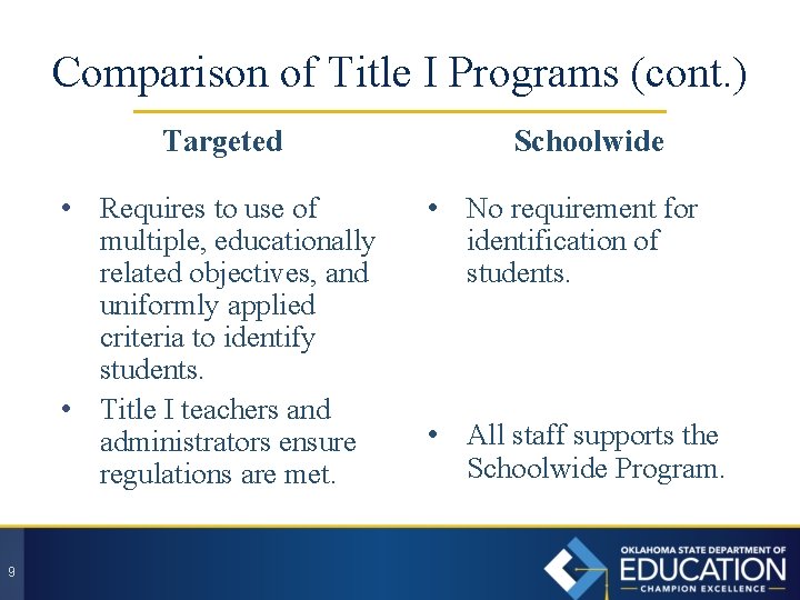 Comparison of Title I Programs (cont. ) Targeted • Requires to use of multiple,