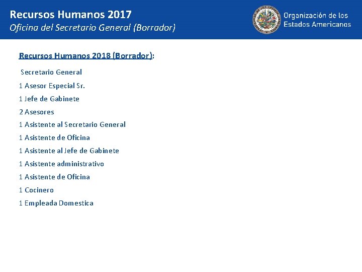 Recursos Humanos 2017 Oficina del Secretario General (Borrador) Recursos Humanos 2018 (Borrador): Secretario General