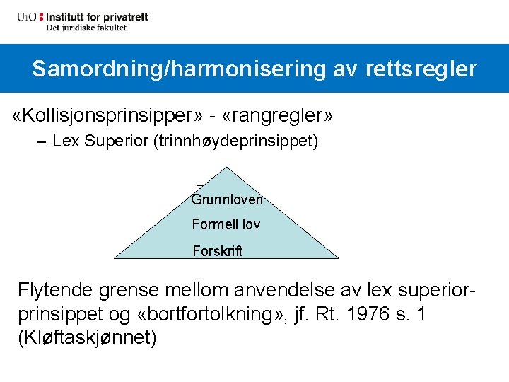 Samordning/harmonisering av rettsregler «Kollisjonsprinsipper» - «rangregler» – Lex Superior (trinnhøydeprinsippet) Grunnloven Formell lov Forskrift