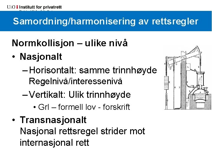 Samordning/harmonisering av rettsregler Normkollisjon – ulike nivå • Nasjonalt – Horisontalt: samme trinnhøyde Regelnivå/interessenivå