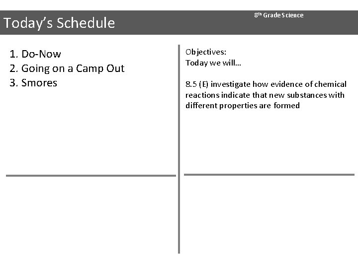8 th Grade Science Today’s Schedule 1. Do-Now 2. Going on a Camp Out