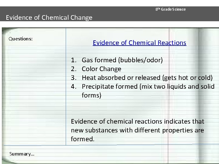 8 th Grade Science Evidence of Chemical Change Questions: Evidence of Chemical Reactions 1.