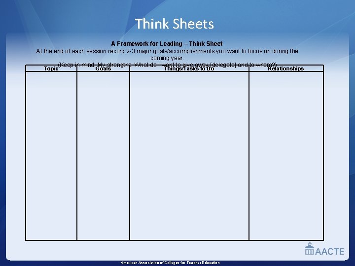 Think Sheets A Framework for Leading – Think Sheet At the end of each