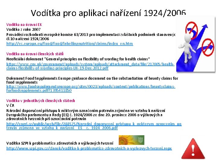 Vodítka pro aplikaci nařízení 1924/2006 Vodítka na úrovni EK Vodítka z roku 2007 Prováděcí