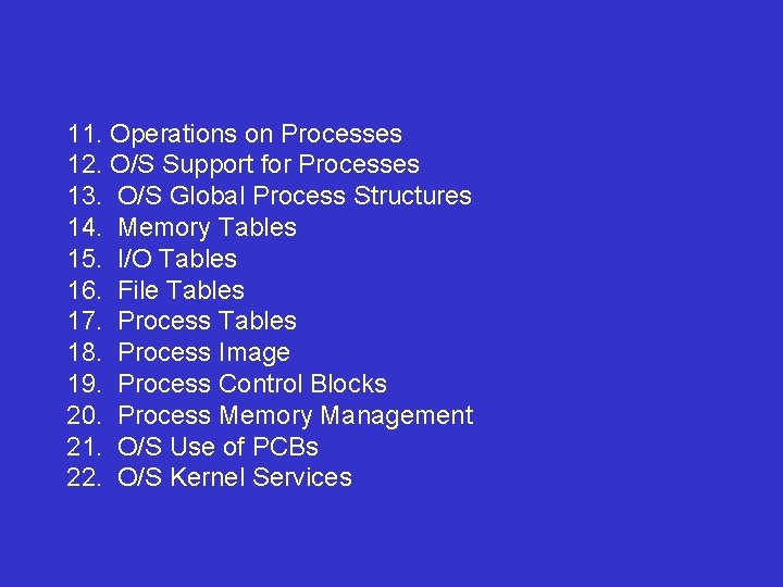 11. Operations on Processes 12. O/S Support for Processes 13. O/S Global Process Structures