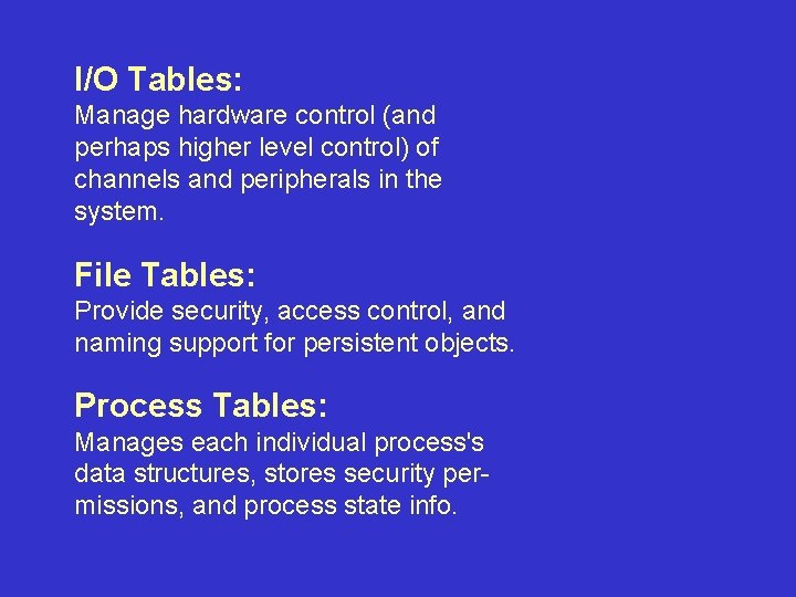 I/O Tables: Manage hardware control (and perhaps higher level control) of channels and peripherals