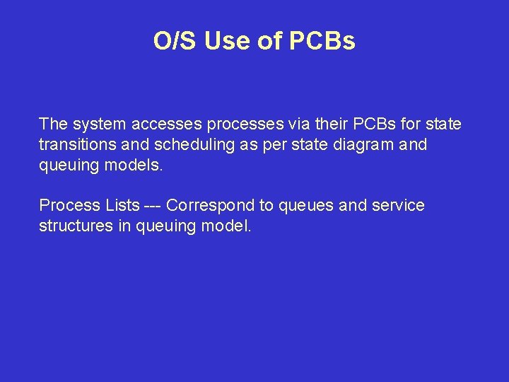 O/S Use of PCBs The system accesses processes via their PCBs for state transitions