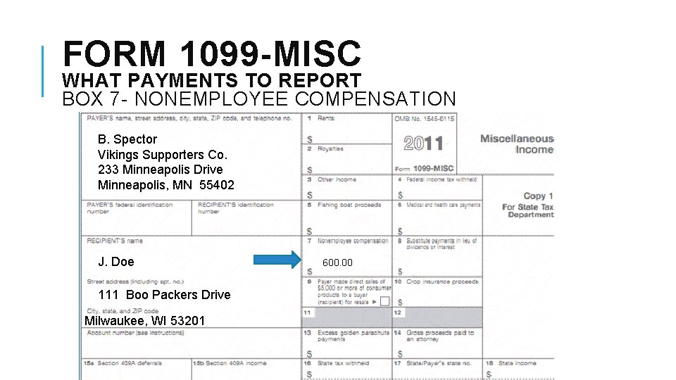 FORM 1099 -MISC WHAT PAYMENTS TO REPORT BOX 7 - NONEMPLOYEE COMPENSATION B. Spector