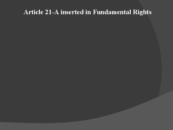 Article 21 -A inserted in Fundamental Rights Article 21 -A inserted in Fundamental Rights