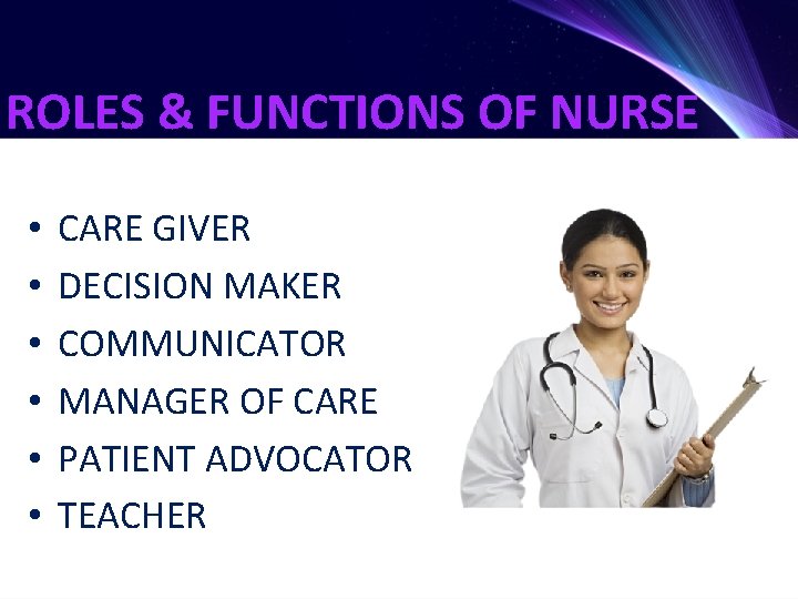 ROLES & FUNCTIONS OF NURSE • • • CARE GIVER DECISION MAKER COMMUNICATOR MANAGER