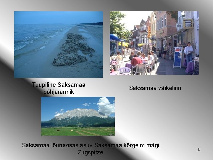 Tüüpiline Saksamaa põhjarannik Saksamaa väikelinn Saksamaa lõunaosas asuv Saksamaa kõrgeim mägi Zugspitze 8 