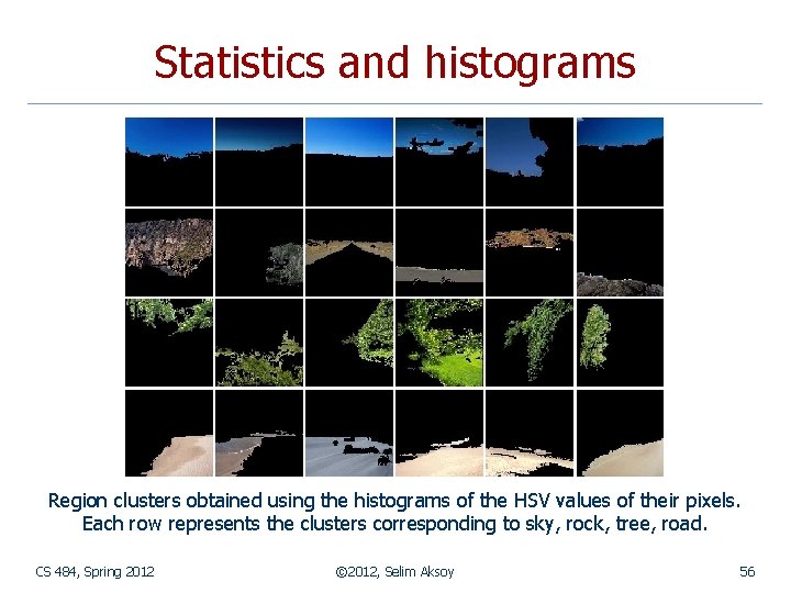 Statistics and histograms Region clusters obtained using the histograms of the HSV values of