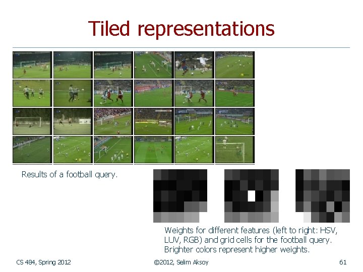 Tiled representations Results of a football query. Weights for different features (left to right: