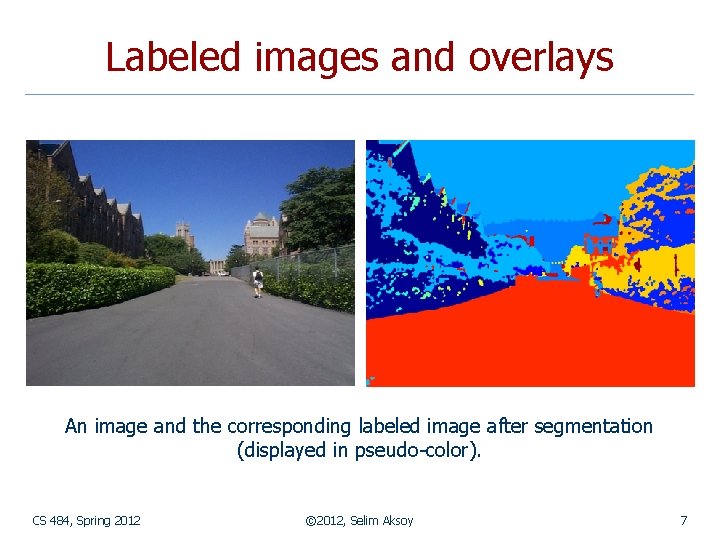 Labeled images and overlays An image and the corresponding labeled image after segmentation (displayed