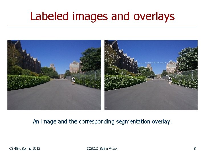 Labeled images and overlays An image and the corresponding segmentation overlay. CS 484, Spring