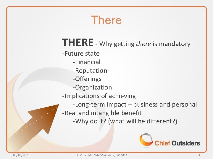 There THERE - Why getting there is mandatory -Future state -Financial -Reputation -Offerings -Organization