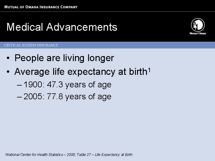 Medical Advancements • People are living longer • Average life expectancy at birth 1