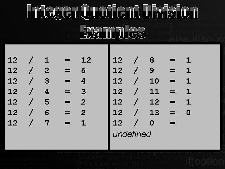 Integer Quotient Division Examples 12 12 / / / / 1 2 3 4 Integer Quotient Division Examples 12 12 / / / / 1 2 3 4