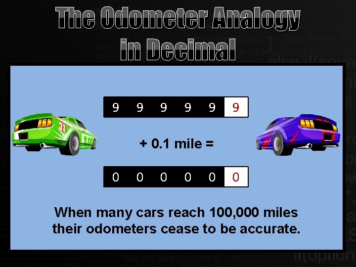 The Odometer Analogy in Decimal 9 9 9 + 0. 1 mile = 0 The Odometer Analogy in Decimal 9 9 9 + 0. 1 mile = 0