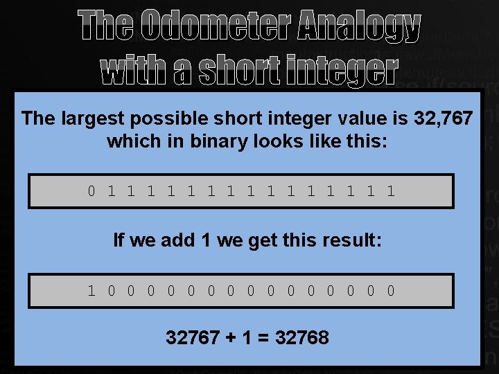 The Odometer Analogy with a short integer The largest possible short integer value is The Odometer Analogy with a short integer The largest possible short integer value is