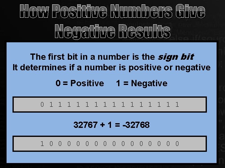 How Positive Numbers Give Negative Results The first bit in a number is the How Positive Numbers Give Negative Results The first bit in a number is the