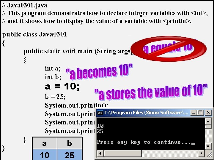 // Java 0301. java // This program demonstrates how to declare integer variables with // Java 0301. java // This program demonstrates how to declare integer variables with