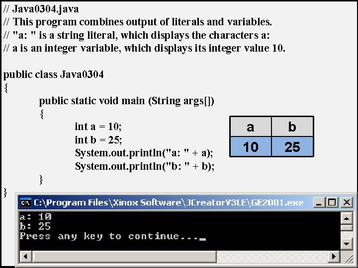 // Java 0304. java // This program combines output of literals and variables. // // Java 0304. java // This program combines output of literals and variables. //