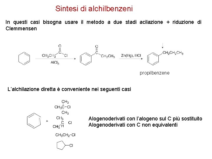 Sintesi di alchilbenzeni In questi casi bisogna usare il metodo a due stadi acilazione