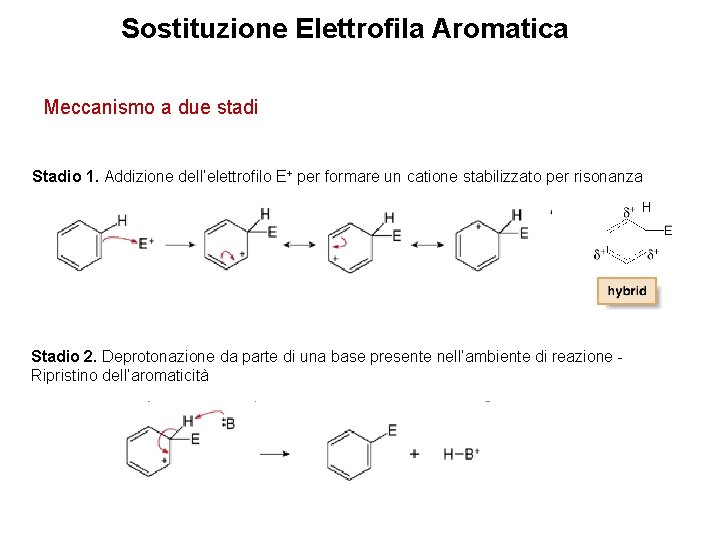 Sostituzione Elettrofila Aromatica Meccanismo a due stadi Stadio 1. Addizione dell’elettrofilo E+ per formare