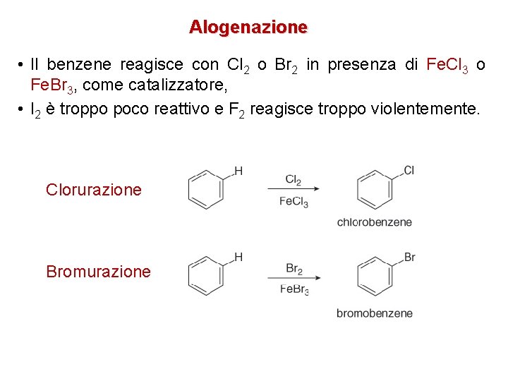 Alogenazione • Il benzene reagisce con Cl 2 o Br 2 in presenza di