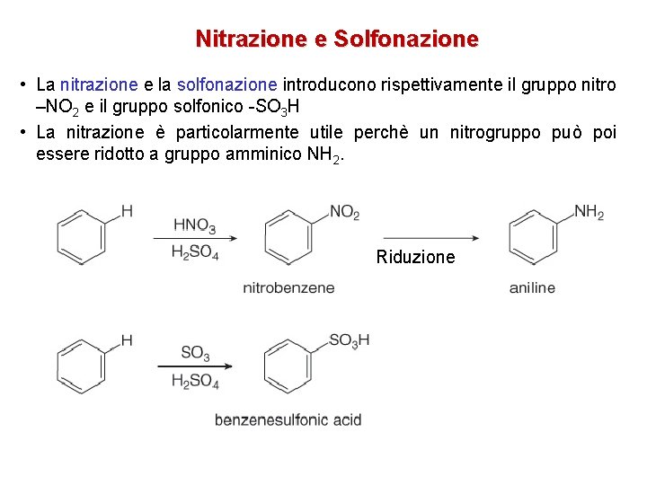 Nitrazione e Solfonazione • La nitrazione e la solfonazione introducono rispettivamente il gruppo nitro