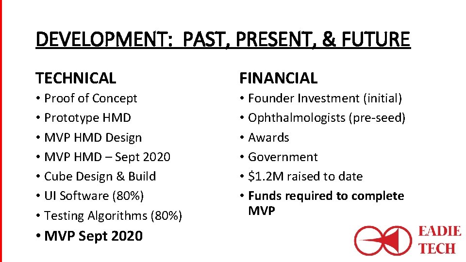 DEVELOPMENT: PAST, PRESENT, & FUTURE TECHNICAL FINANCIAL • Proof of Concept • Prototype HMD
