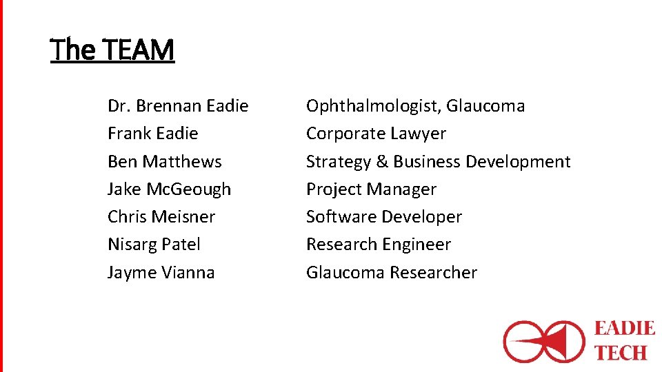 The TEAM Dr. Brennan Eadie Frank Eadie Ben Matthews Jake Mc. Geough Chris Meisner