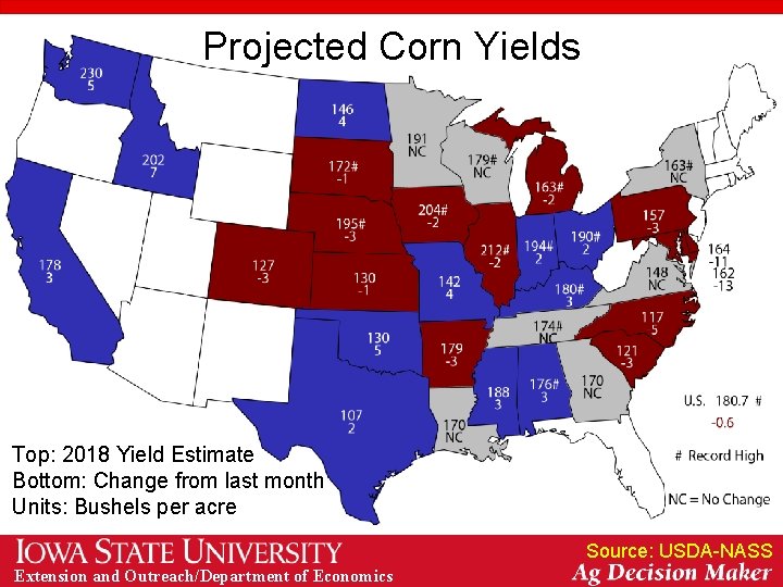 Projected Corn Yields Top: 2018 Yield Estimate Bottom: Change from last month Units: Bushels