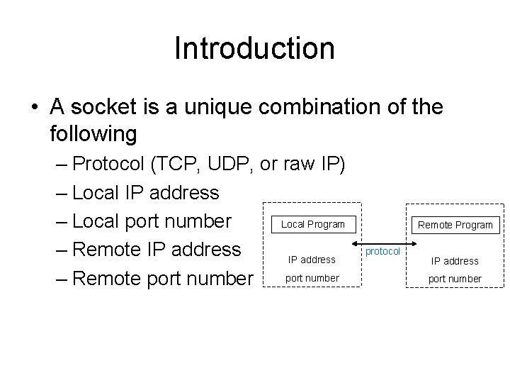 Introduction • A socket is a unique combination of the following – Protocol (TCP,