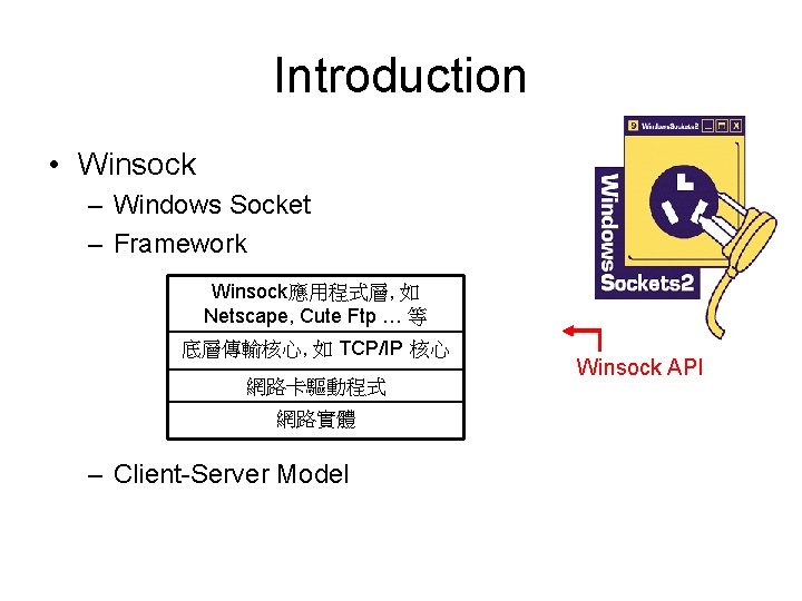 Introduction • Winsock – Windows Socket – Framework Winsock應用程式層, 如 Netscape, Cute Ftp …
