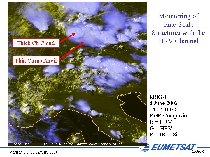 Thick Cb Cloud Monitoring of Fine-Scale Structures with the HRV Channel Thin Cirrus Anvil