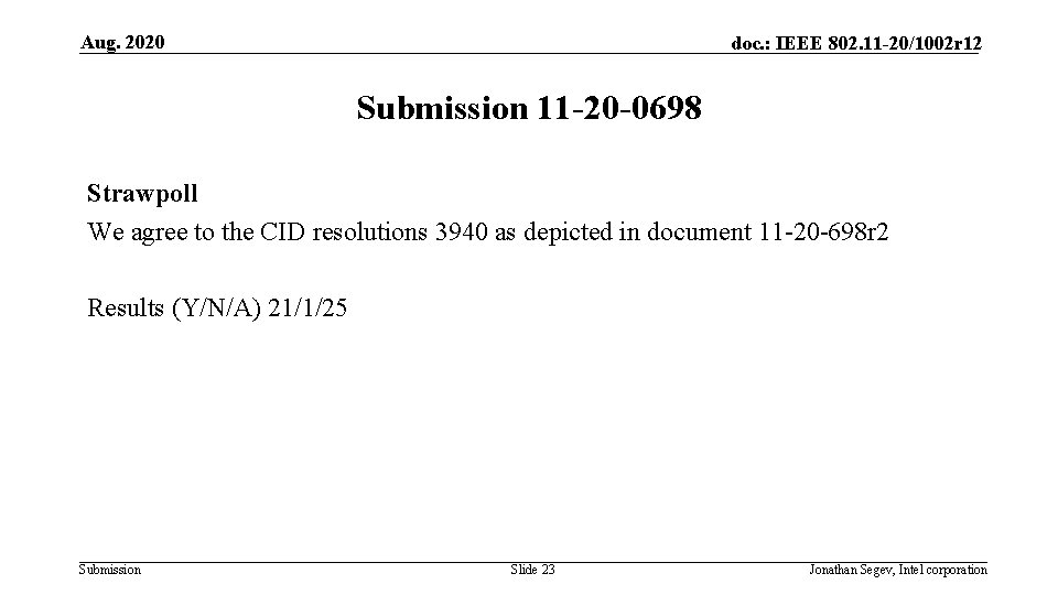 Aug. 2020 doc. : IEEE 802. 11 -20/1002 r 12 Submission 11 -20 -0698