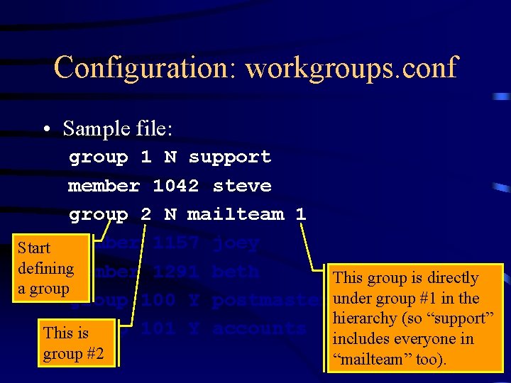 Configuration: workgroups. conf • Sample file: group 1 N support member 1042 steve group